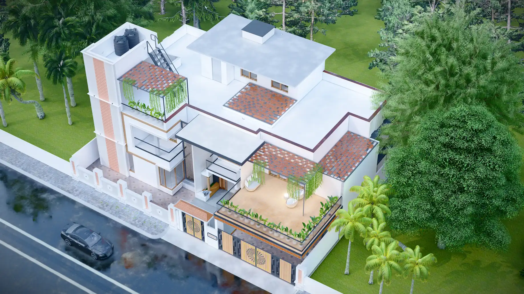 Garden perspective detailing compound boundary wall and architectural coping