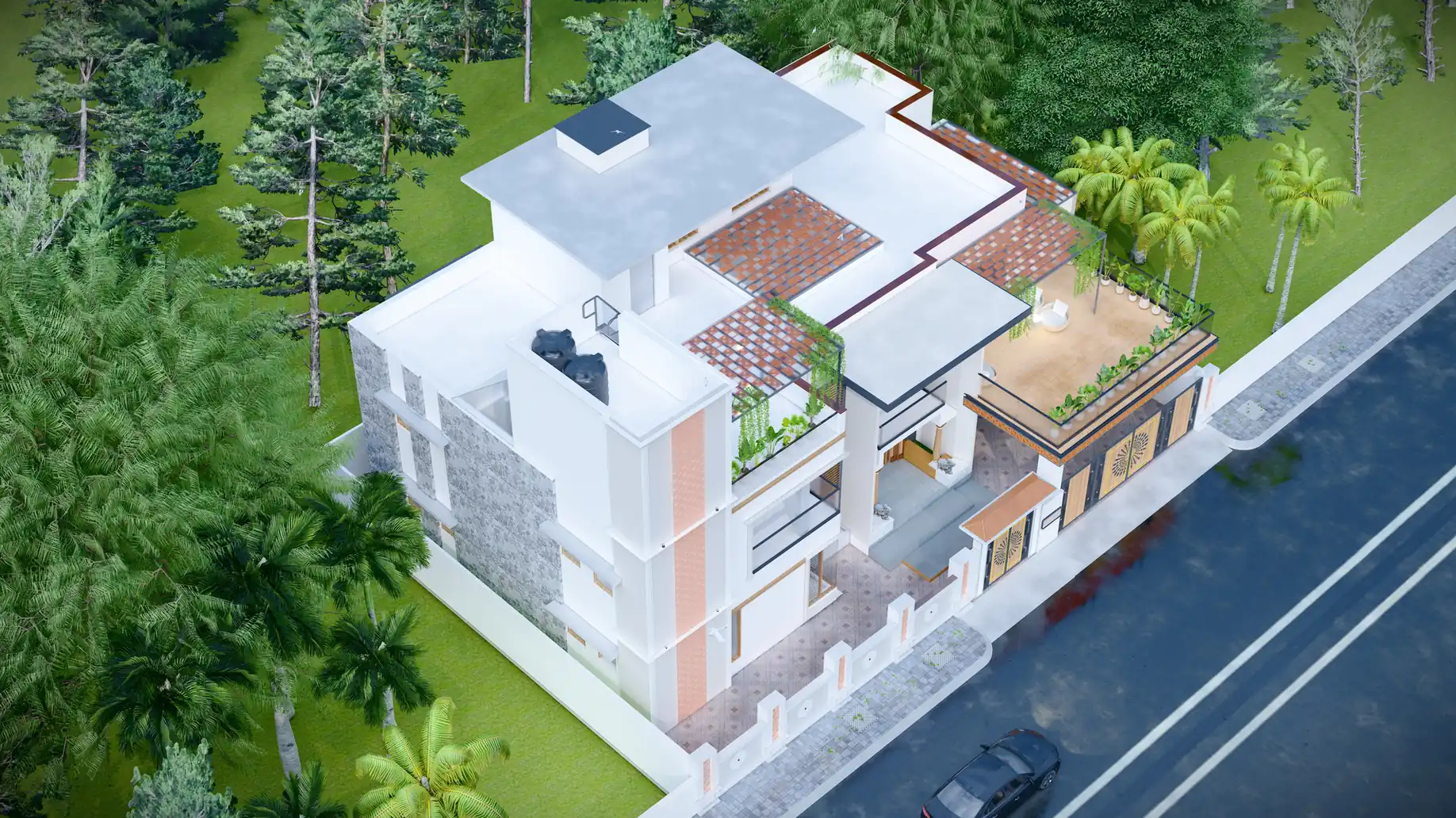 Rooftop terrace detail with architectural shade pergolas