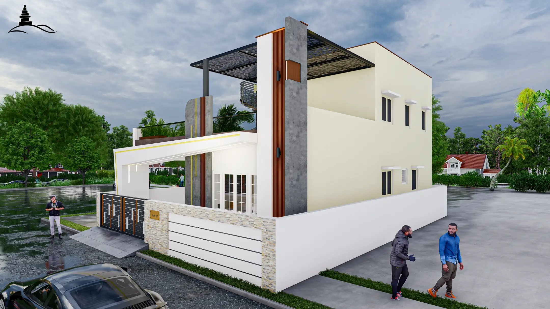 Side architectural angle highlighting terrace headroom and window fenestrations